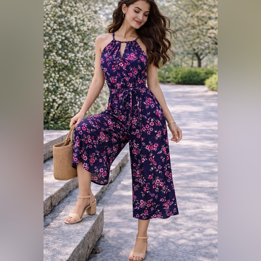 London Times Floral Romper Women’s 8 Navy Pink Halter Wide Leg Tie Waist Summer